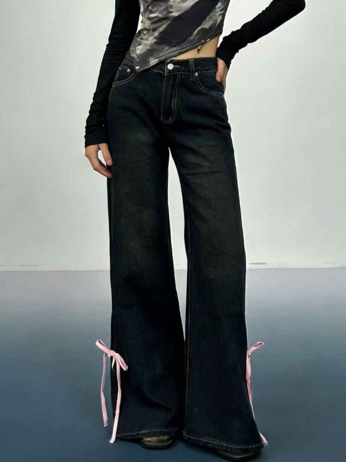 Ribbon Detail Flare Jeans - Stylish Elegance with Comfort — view 2