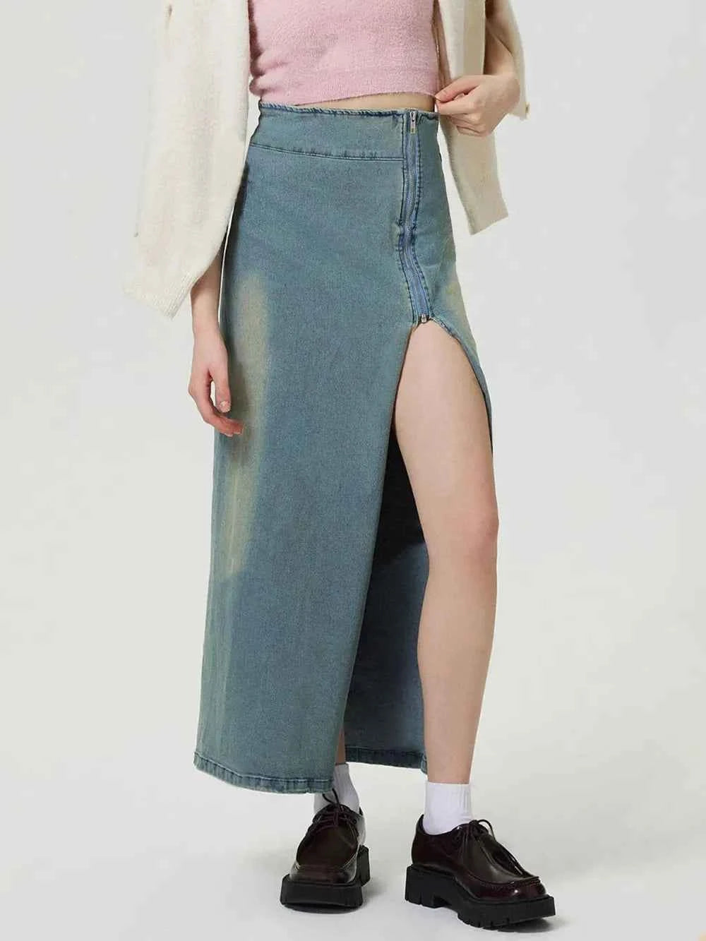 Slit Denim Skirt with Zip — view 5