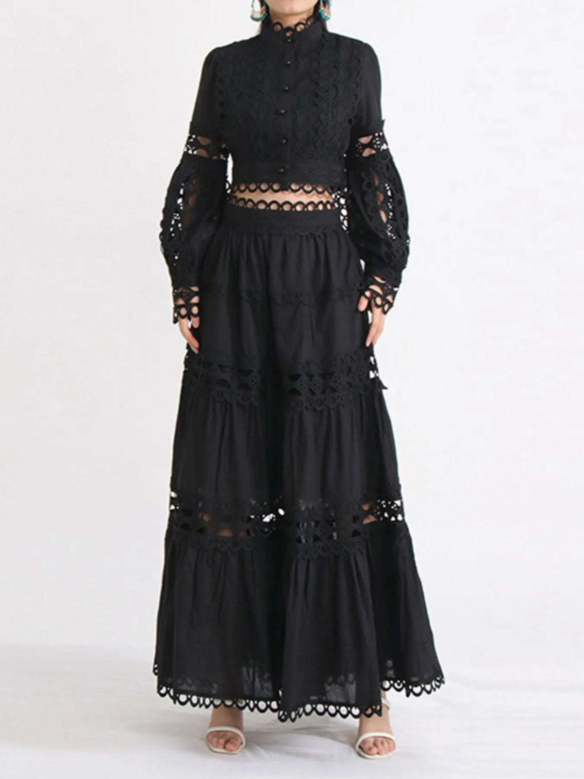 Lace Button Up Long Sleeve Top and Skirt Set — view 7
