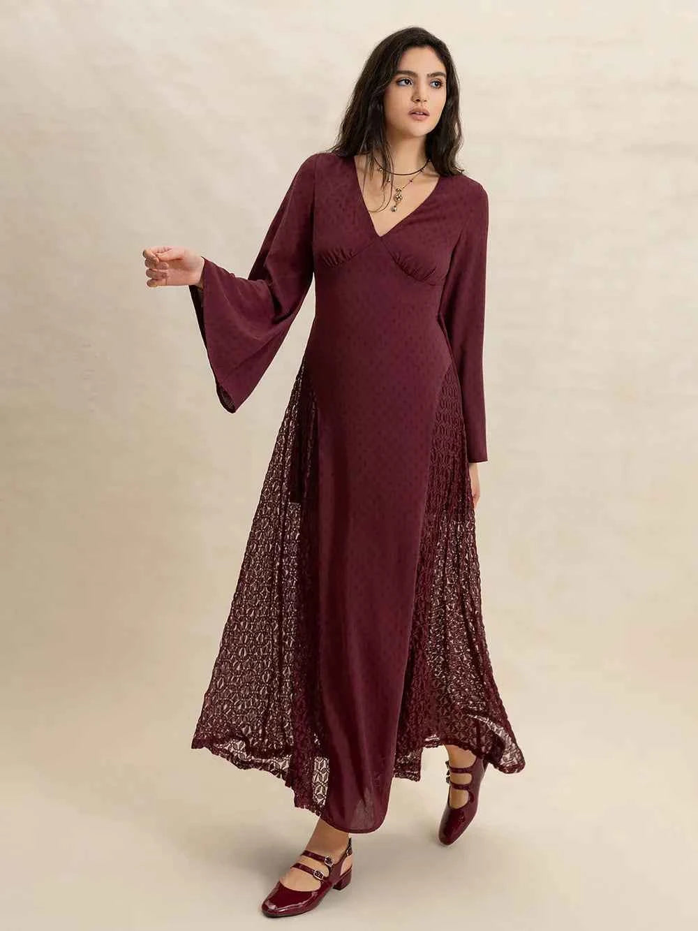 Lace Patchwork V-Neck Long Sleeve Midi Dress — view 2