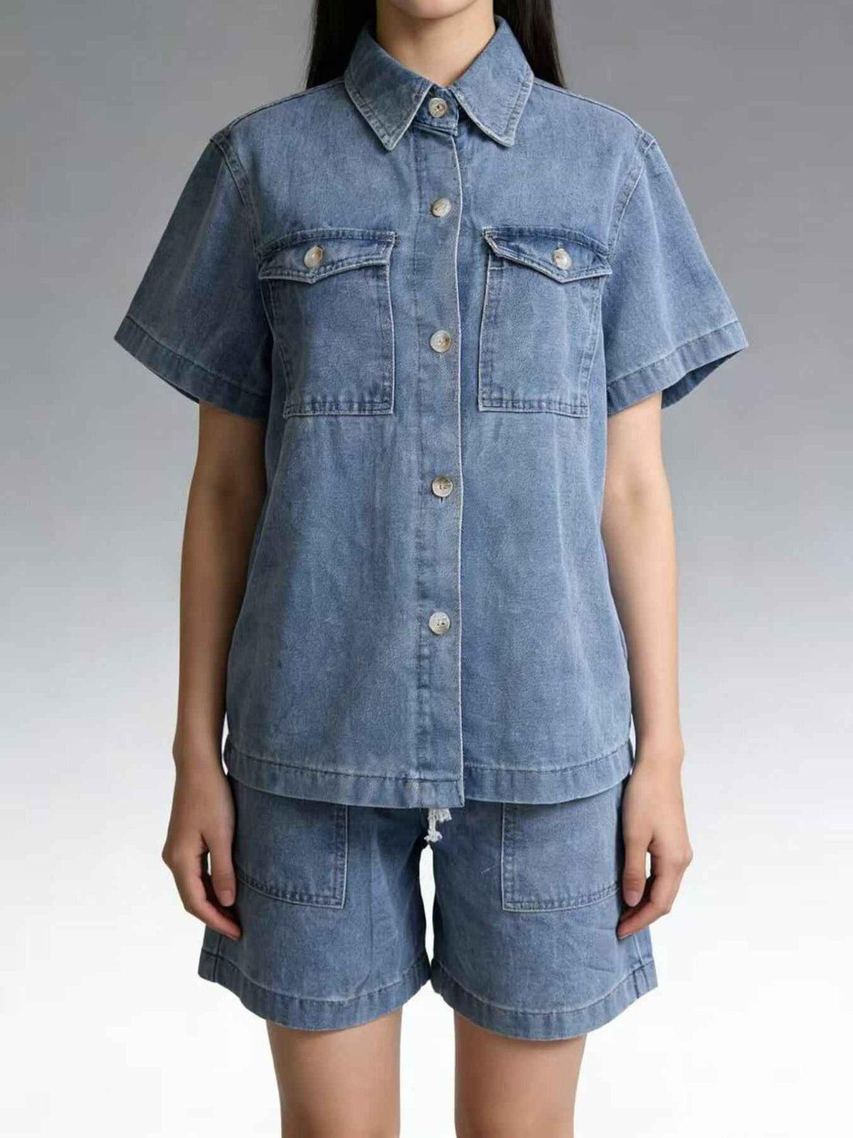 Button Up Short Sleeve Top and Shorts Denim Set — view 3