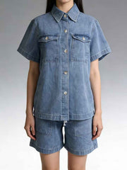 Button Up Short Sleeve Top and Shorts Denim Set — view 3