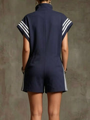 Striped Zip Front Short Sleeve Romper — view 9