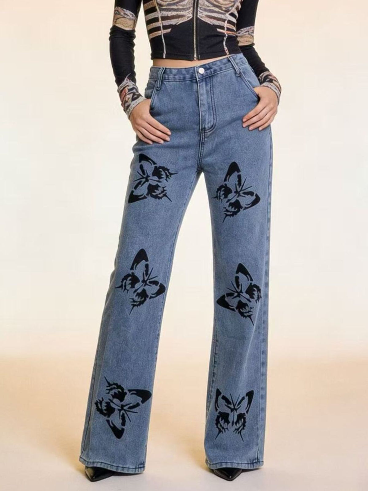 Butterfly Print High-Waisted Wide Leg Jeans — view 6