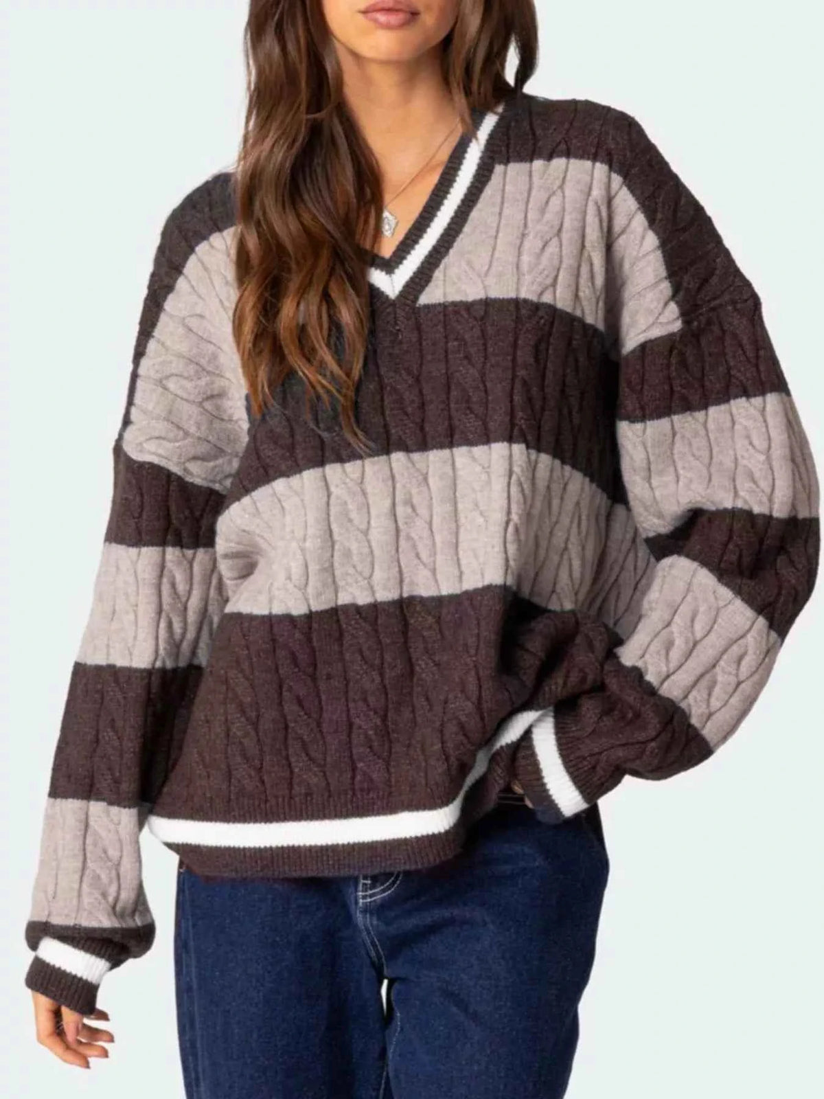 Striped Cable Knit V-Neck Sweater — view 1