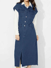 Slit Half Button Collared Neck Cap Sleeve Denim Dress — view 5