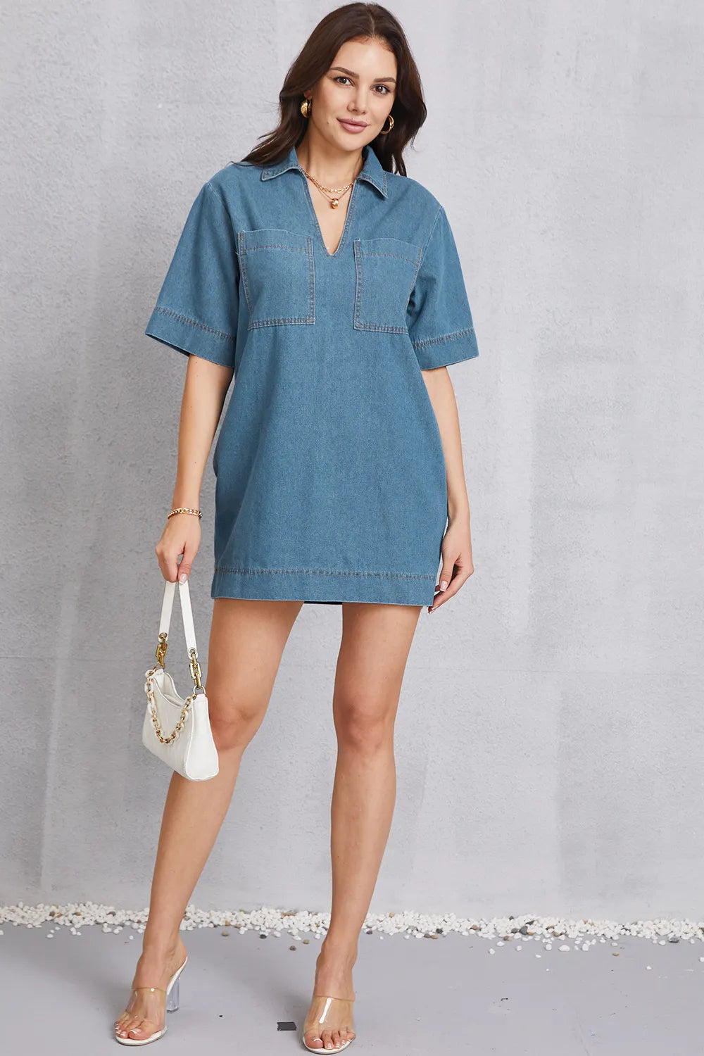 Pocketed Collared Neck Mini Denim Dress — view 6