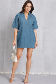 Pocketed Collared Neck Mini Denim Dress — view 6