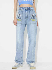 Flower High Rise Straight Leg Jeans with Pockets — view 4