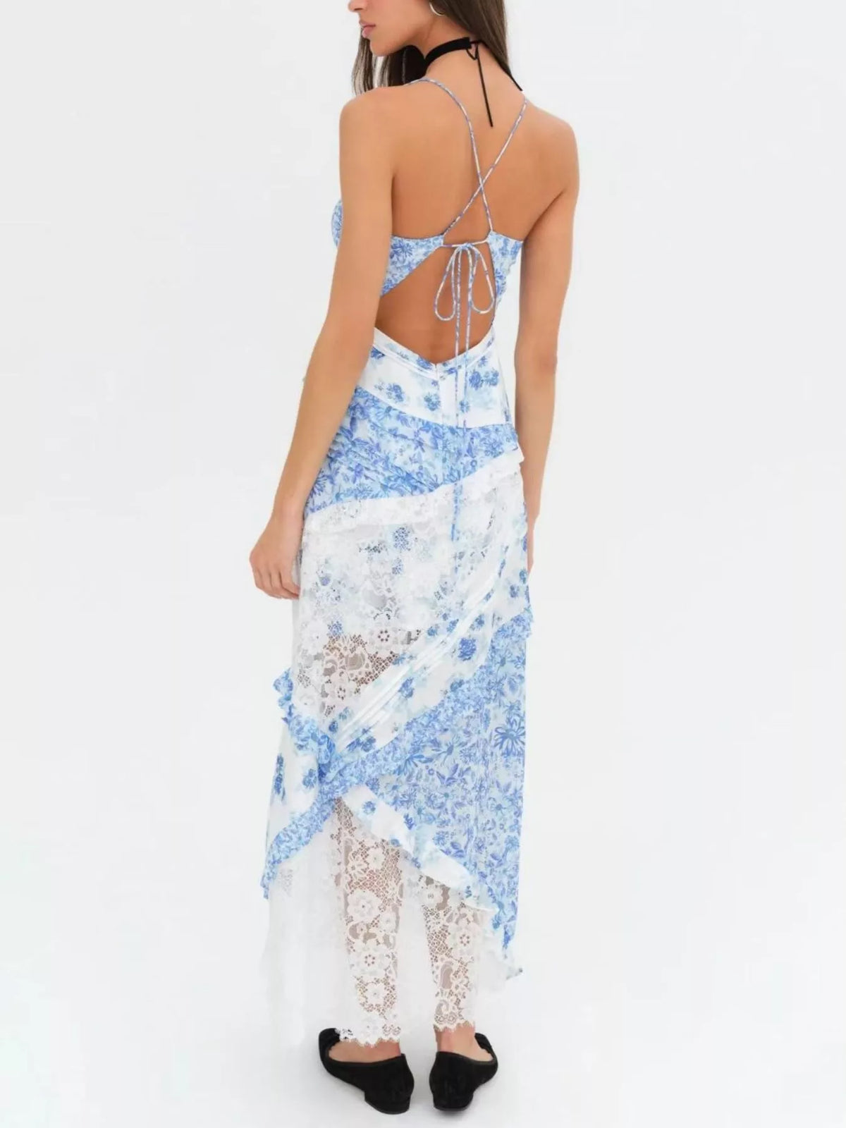 Lace Floral Print Ruffle Trim Maxi Dress — view 7