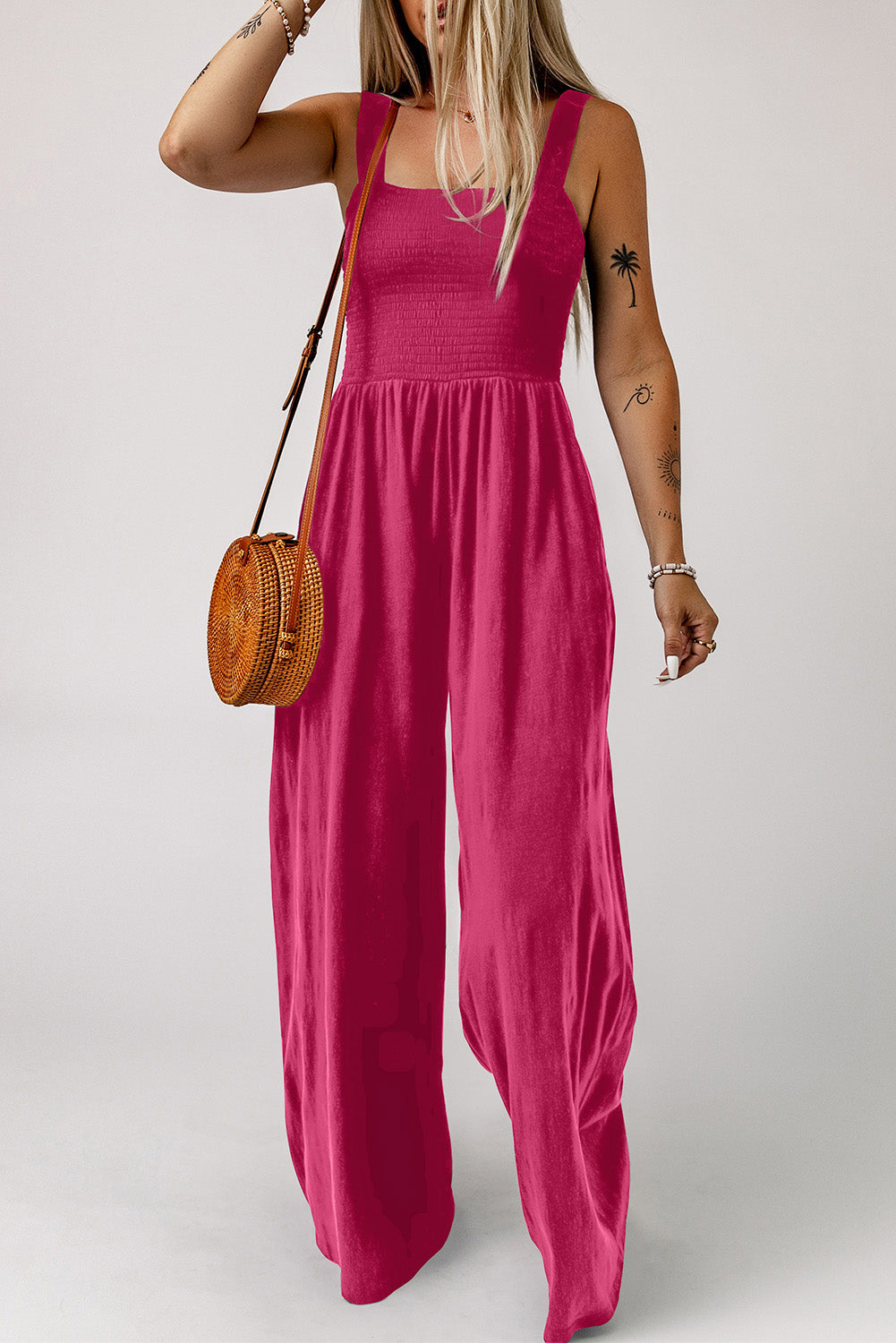 Smocked Square Neck Wide Leg Jumpsuit with Pockets — view 12