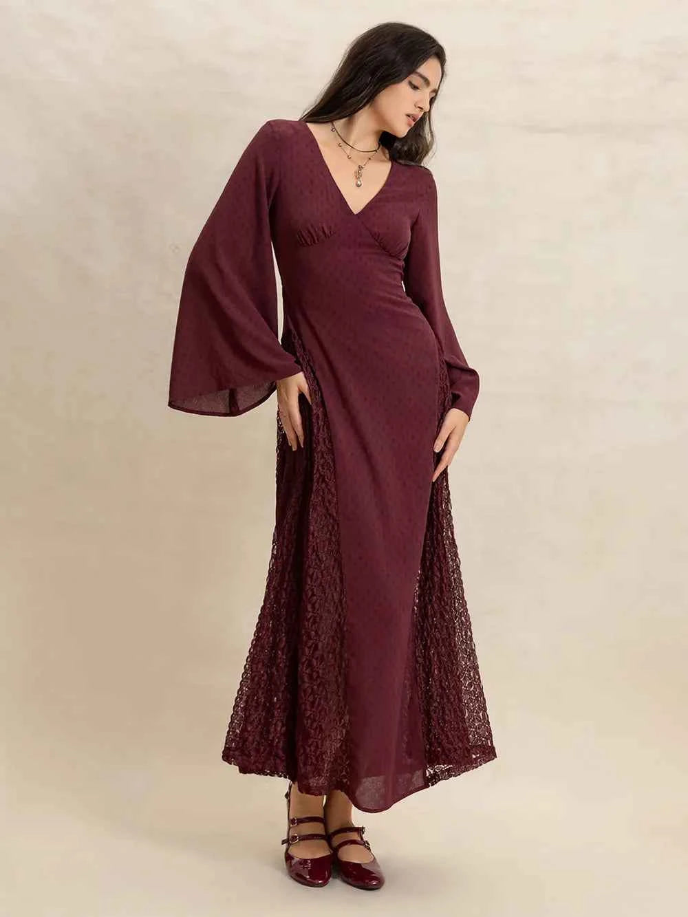 Lace Patchwork V-Neck Long Sleeve Midi Dress — view 5