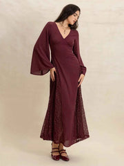 Lace Patchwork V-Neck Long Sleeve Midi Dress — view 5