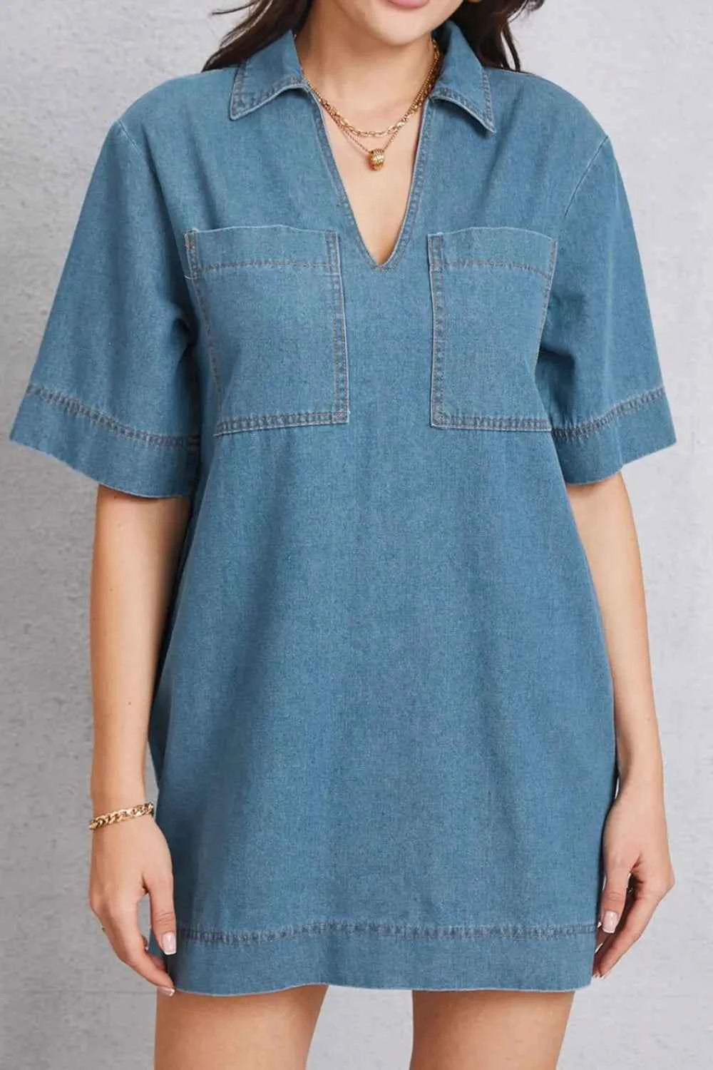 Pocketed Collared Neck Mini Denim Dress — view 1