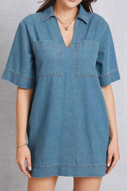 Pocketed Collared Neck Mini Denim Dress — view 1