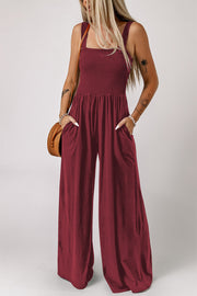 Smocked Square Neck Wide Leg Jumpsuit with Pockets — view 8