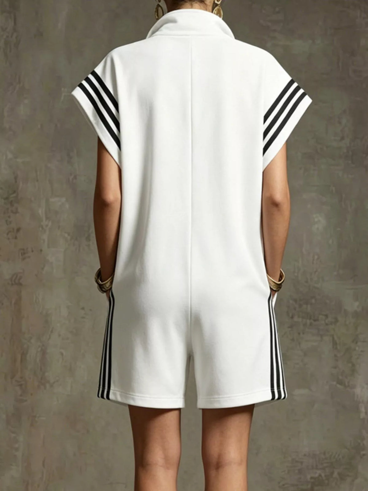 Striped Zip Front Short Sleeve Romper — view 12