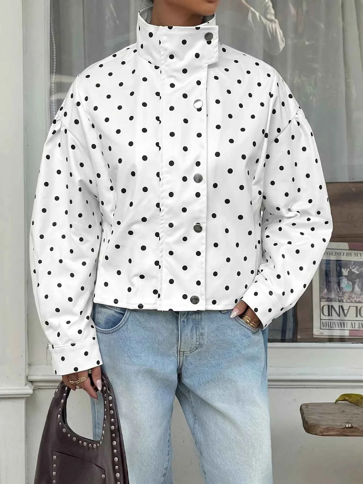 Polka Dot Zip Up Cropped Jacket — view 3
