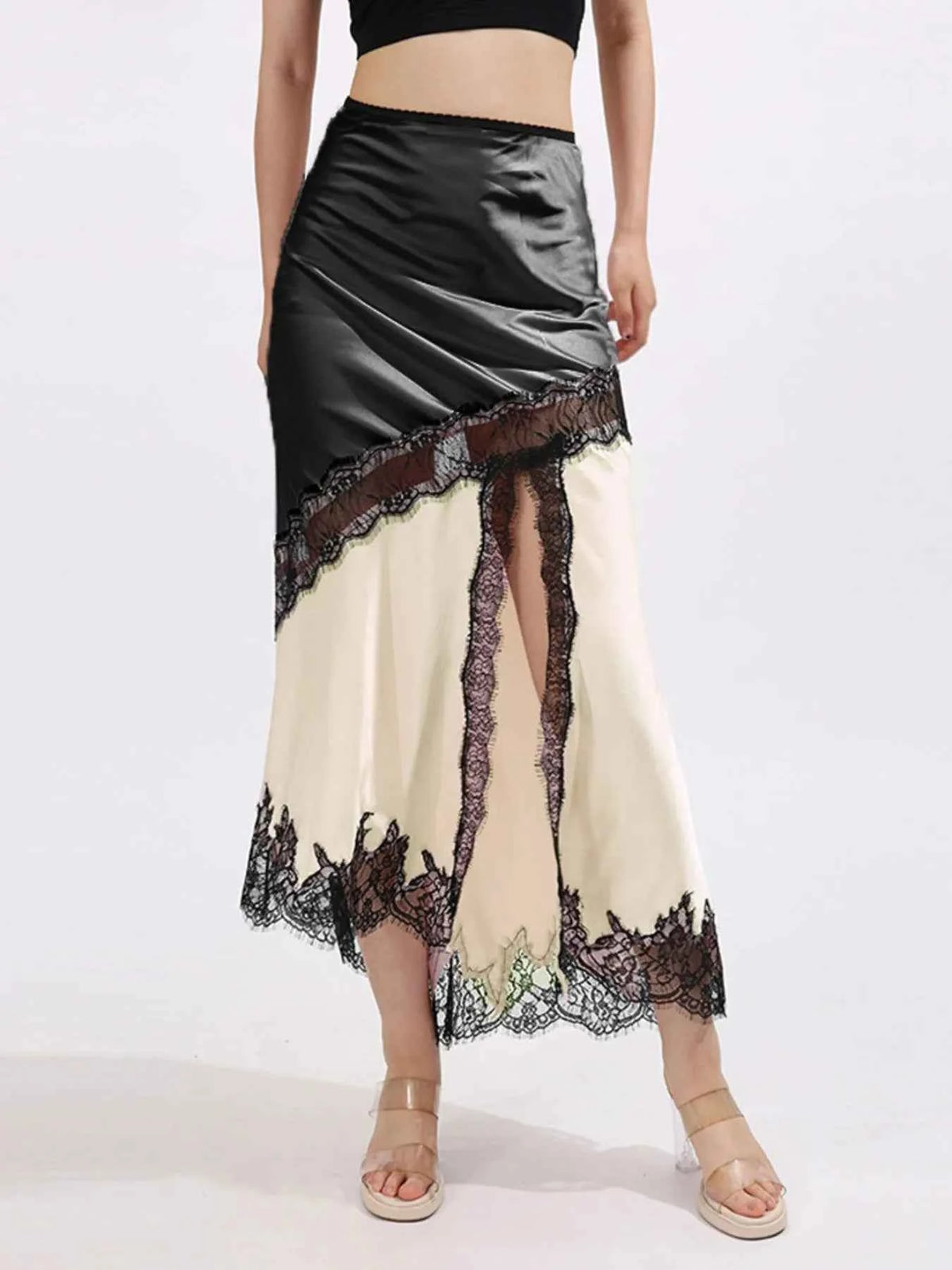 Elevate Your Style with the Asymmetrical Lace Trim Midi Skirt