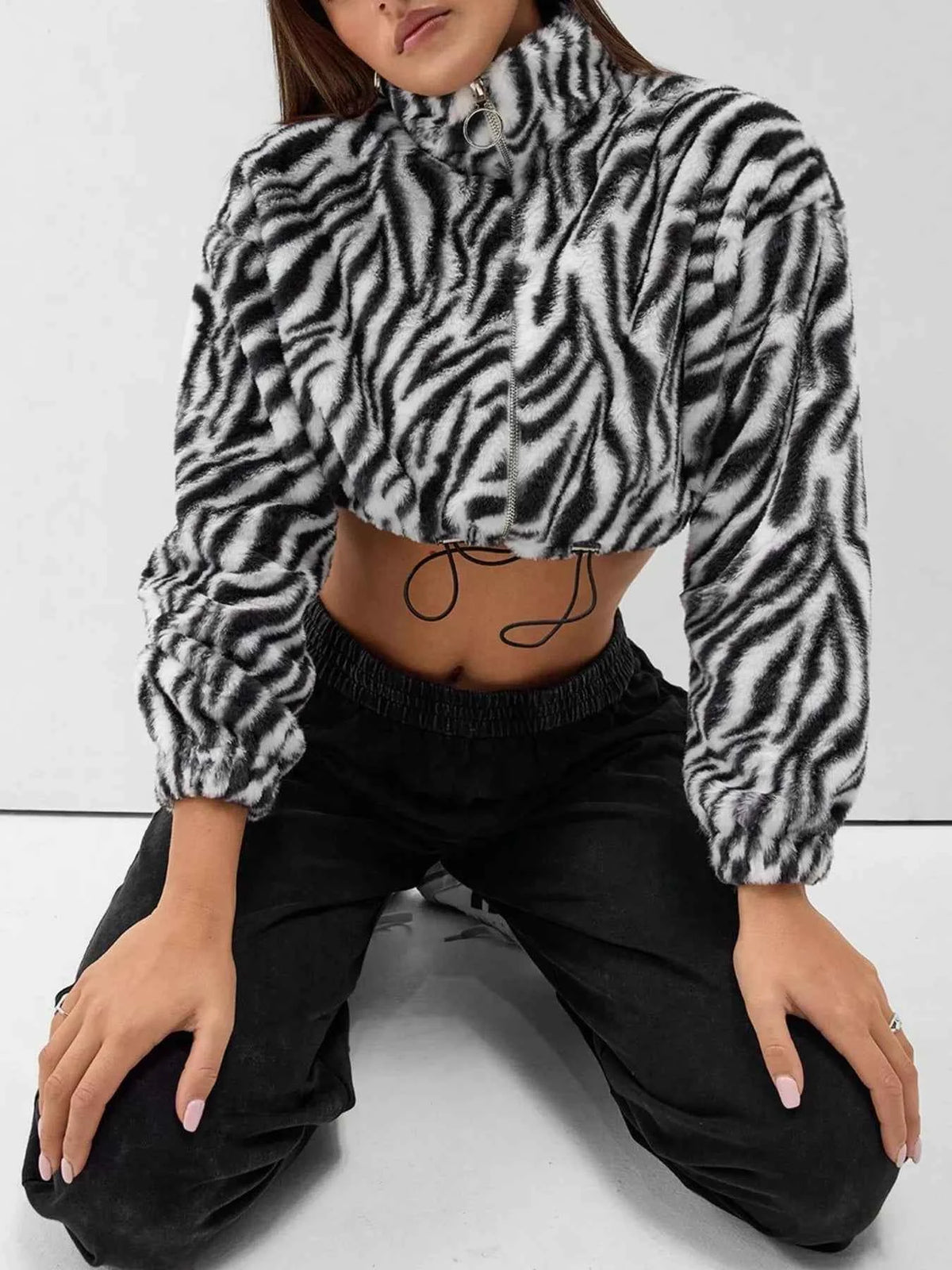 Zebra Print Plush Cropped Jacket for Effortless Style — view 2