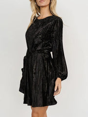 Velvet Round Neck Tie Waist Long Sleeve Mini Dress — view 13