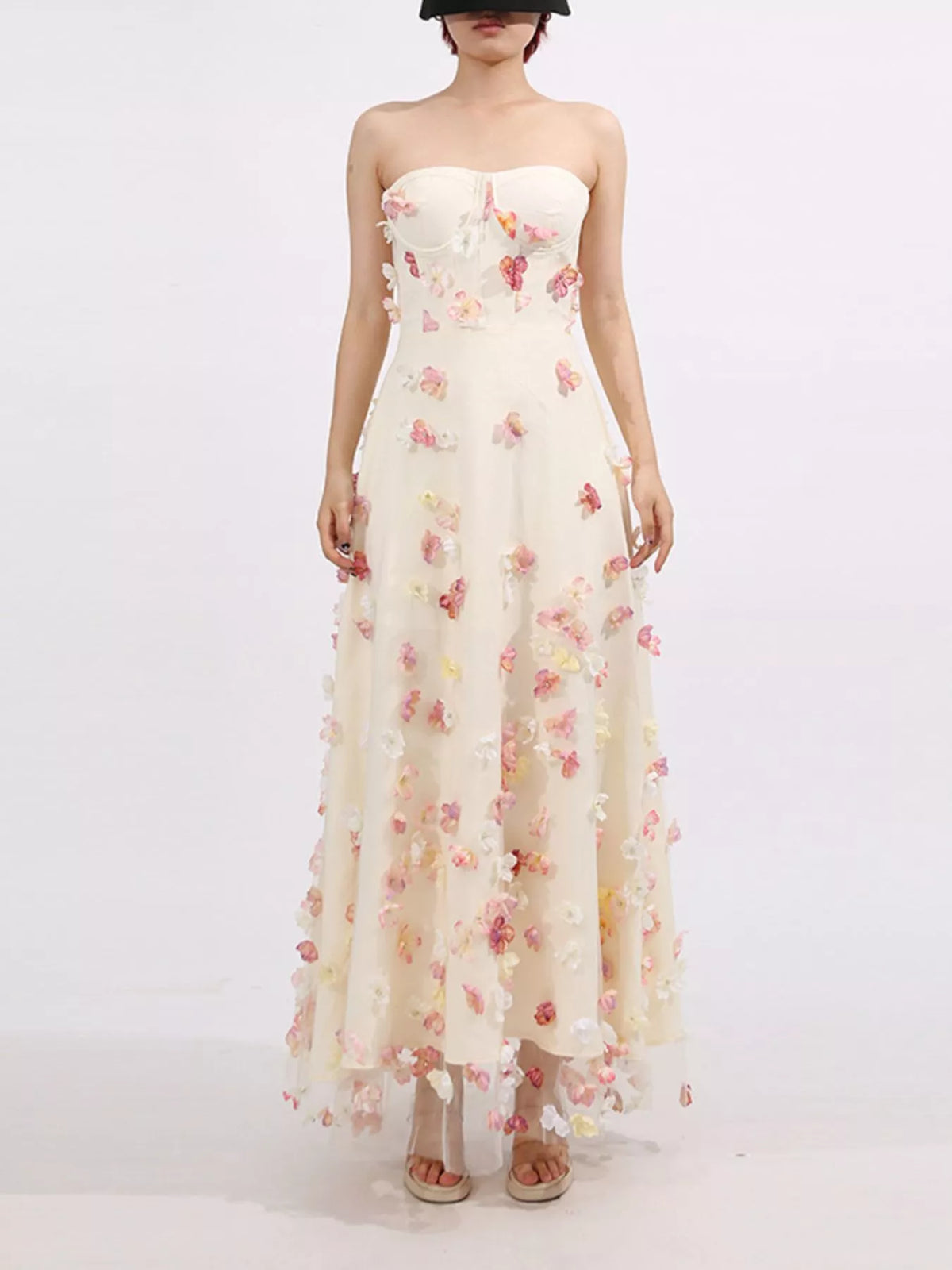 Floral Applique Strapless Tulle Maxi Dress — view 6