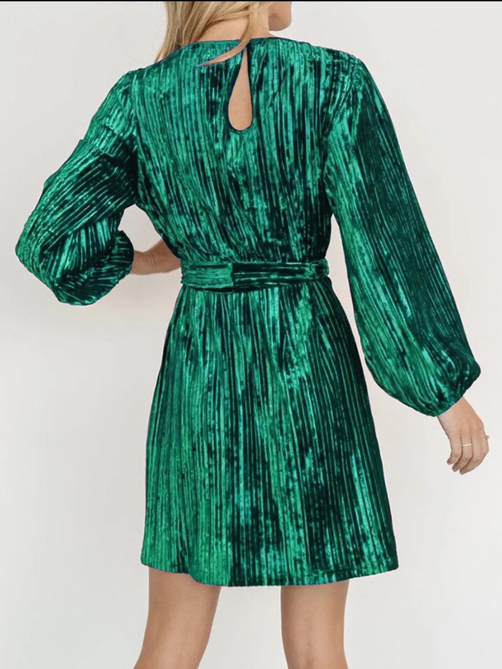 Velvet Round Neck Tie Waist Long Sleeve Mini Dress — view 7