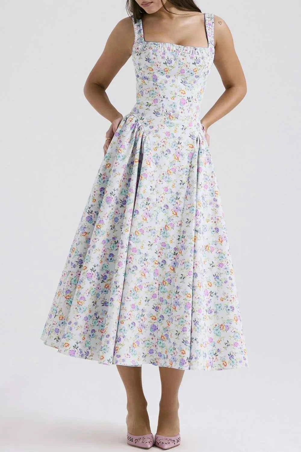 Floral Square Neck Wide Strap Midi Dress — view 3