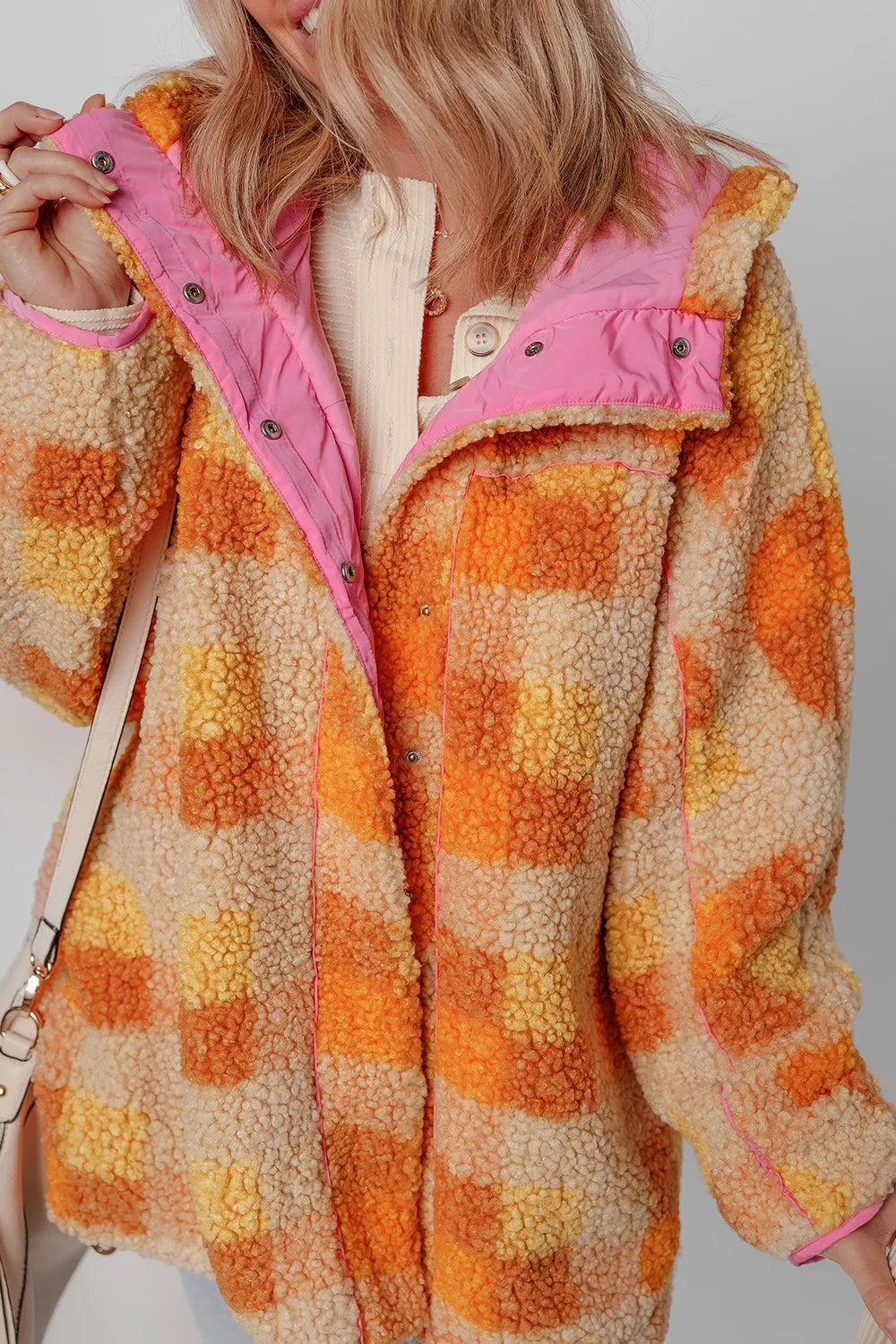 Checkered Long Sleeve Sherpa Hooded Jacket - Cozy & Stylish — view 5