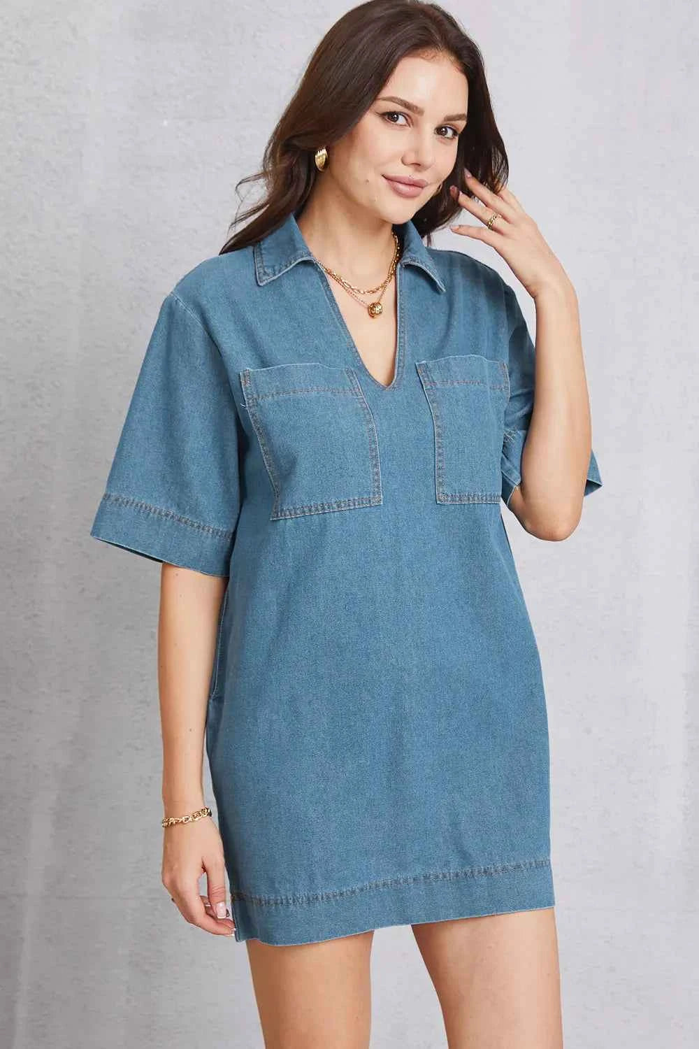 Pocketed Collared Neck Mini Denim Dress — view 2