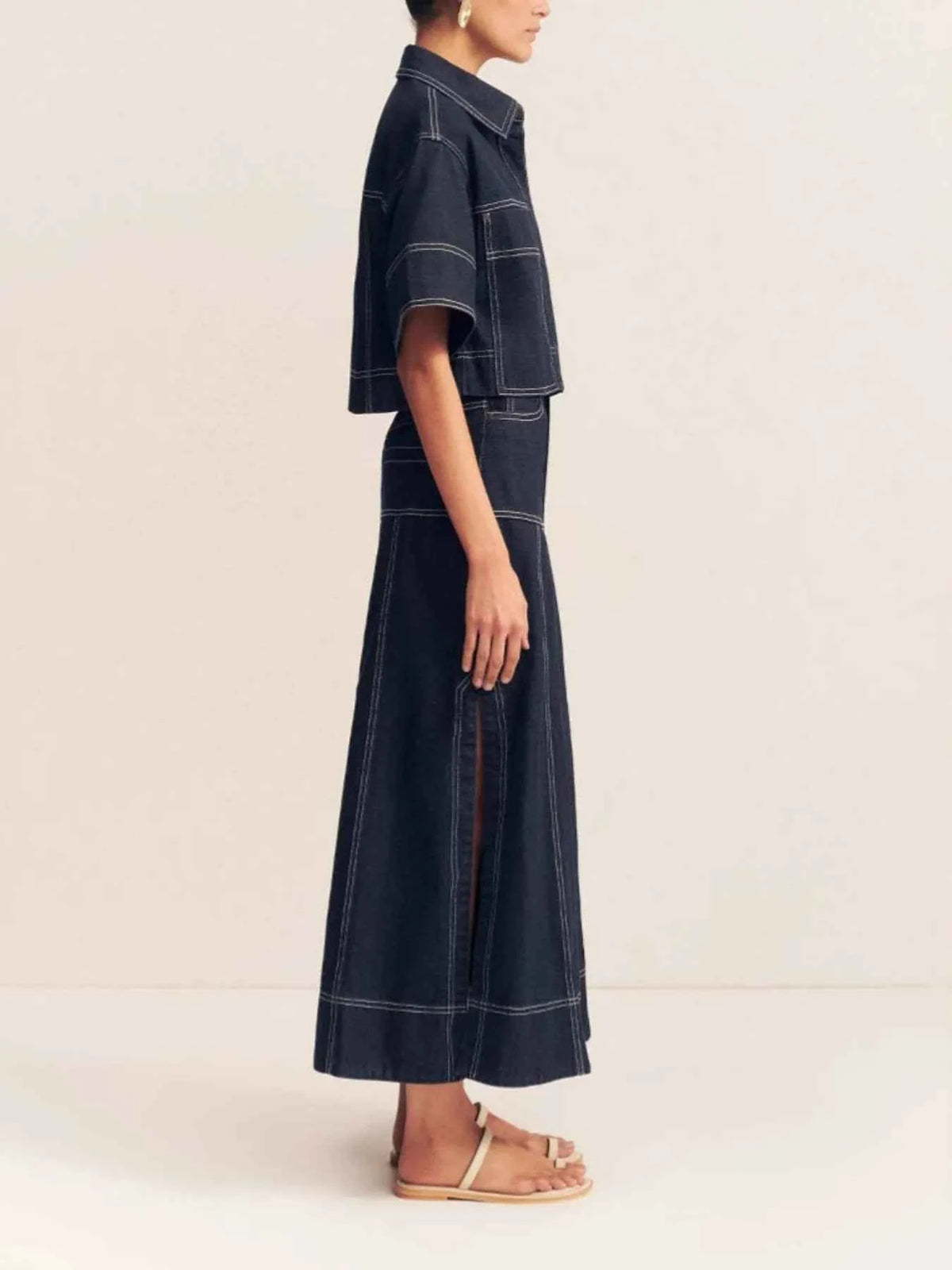 Cropped Short Sleeve Contrast Stitch Denim Top — view 3