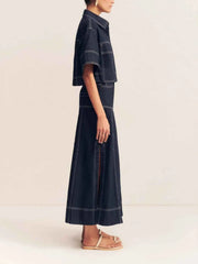 Cropped Short Sleeve Contrast Stitch Denim Top — view 3