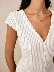 Effortless Elegance: Striped V-Neck Button-Down Shirt for Chic Casual Styles — view 2