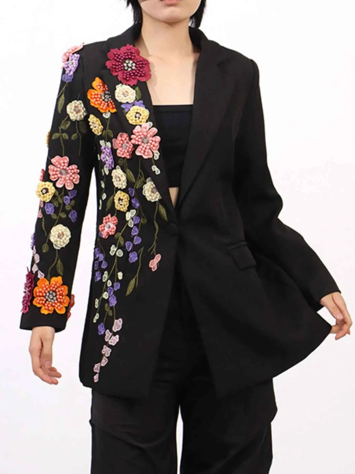 Pearl Detail Flower Lapel Collar Blazer — view 1