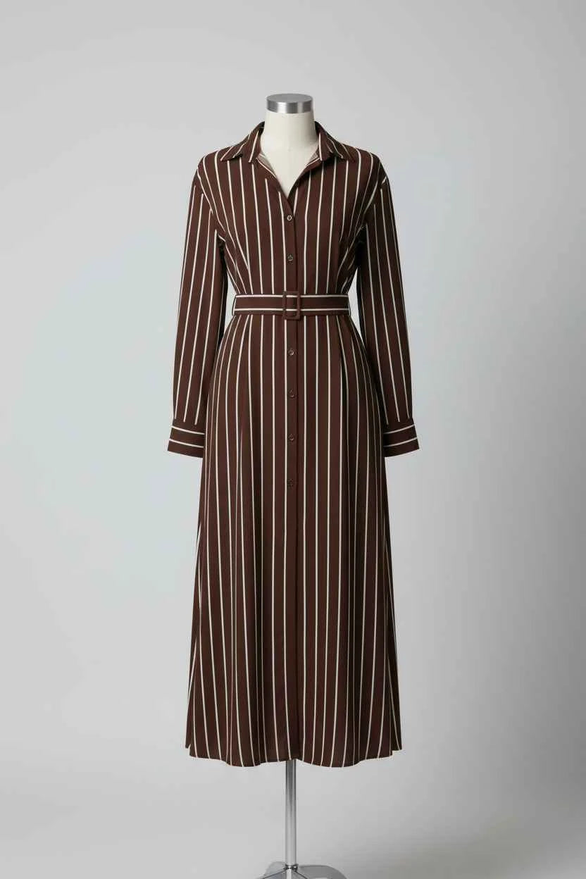 Striped Long Sleeve Belted Shirt Dress — view 2