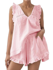 Ruffle Trim V-Neck Top and Shorts Set — view 8