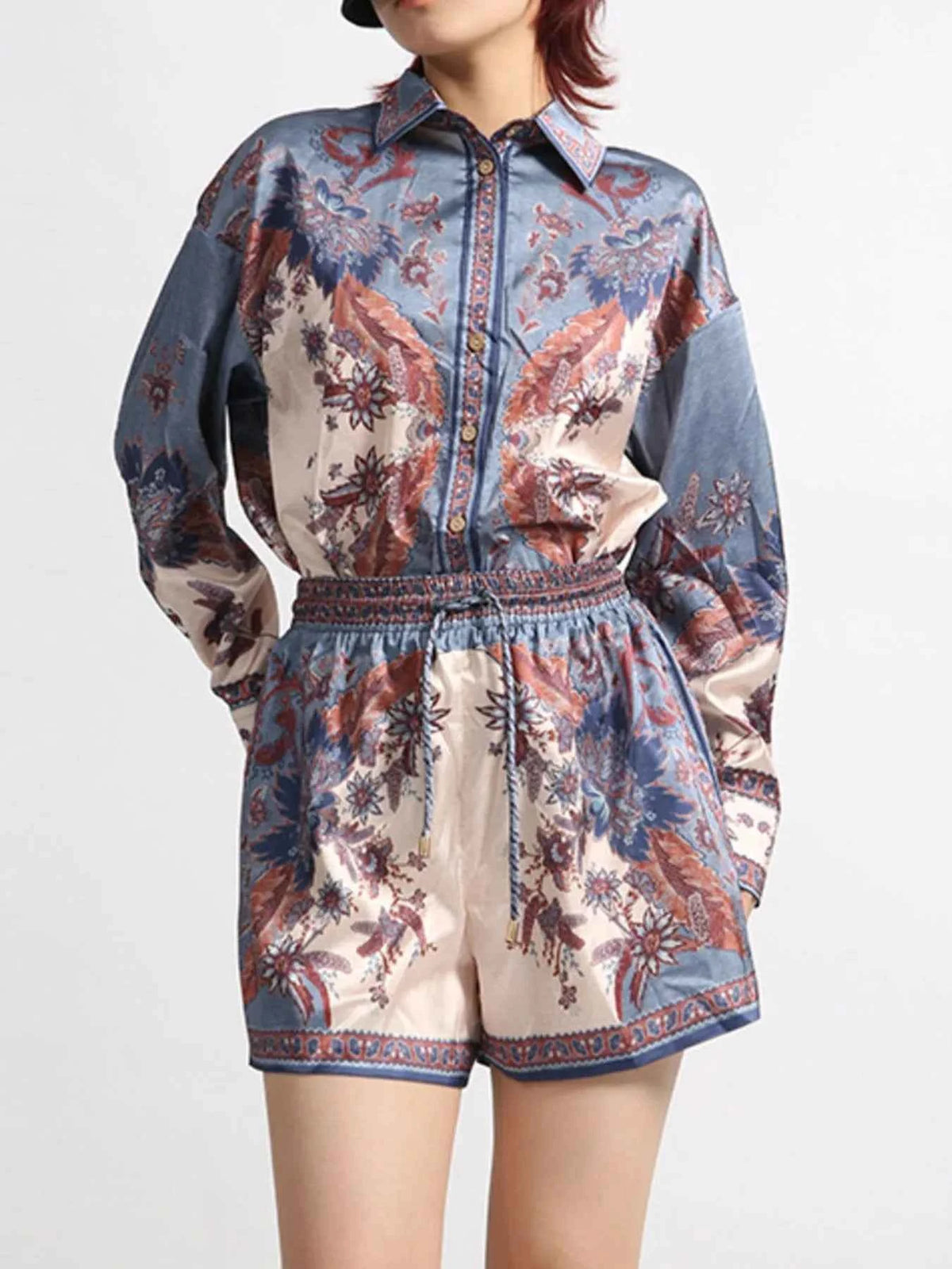 Printed Button Front Long Sleeve Shirt and Shorts Set — view 4