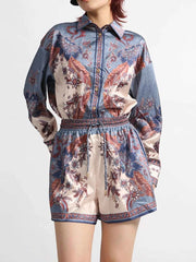 Printed Button Front Long Sleeve Shirt and Shorts Set — view 4