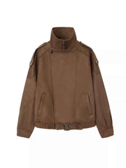 Asymmetrical Zipper Moto Jacket with Belt Detail — view 2