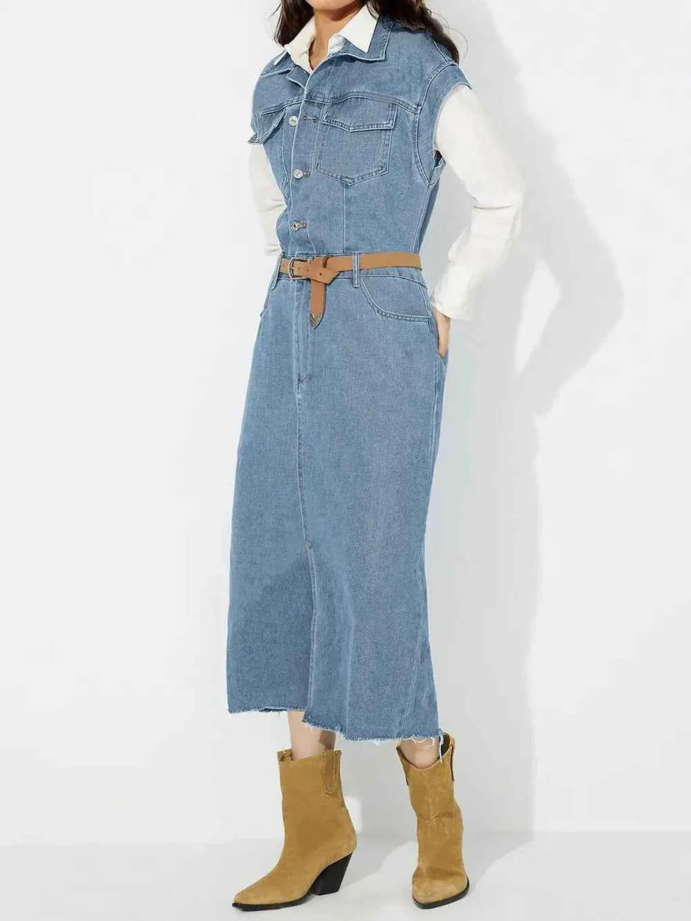 Slit Half Button Collared Neck Cap Sleeve Denim Dress — view 4