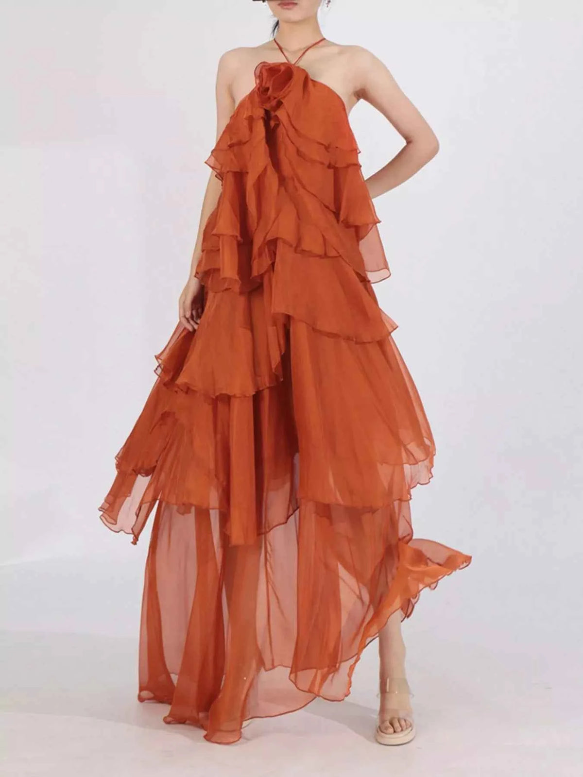 Ruffled Chiffon Halter Neck Maxi Dress — view 4