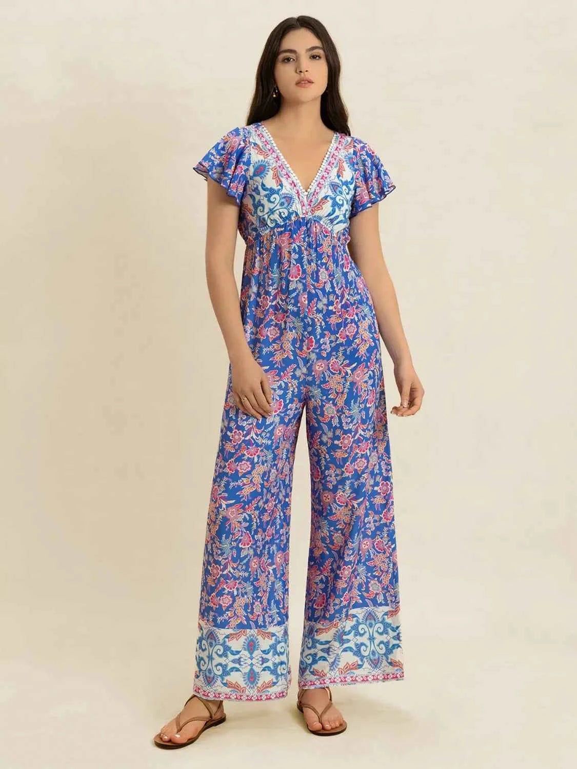 Printed V-Neck Wide Leg Jumpsuit — view 4