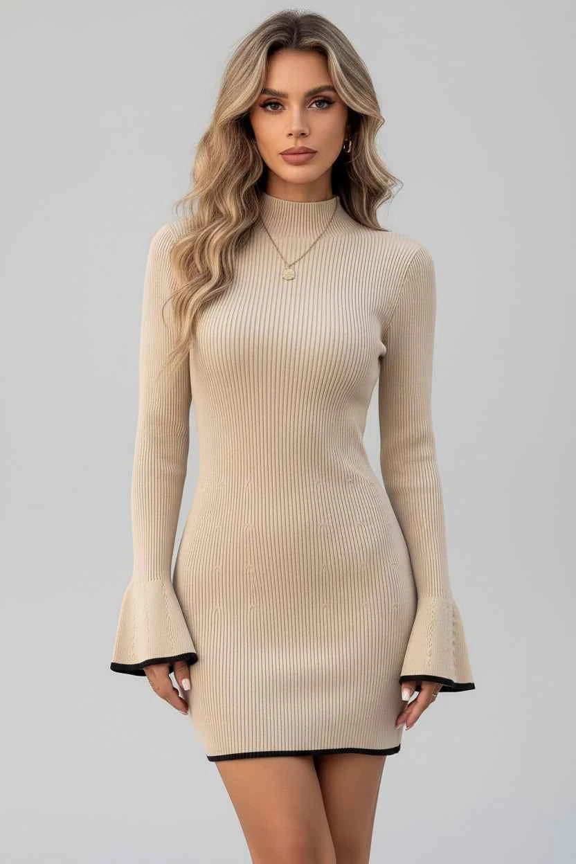 Ribbed Mock Neck Flare Sleeve Sweater Dress