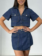 Short Sleeve Cropped Top and Skort Denim Set – Effortless Style — view 7