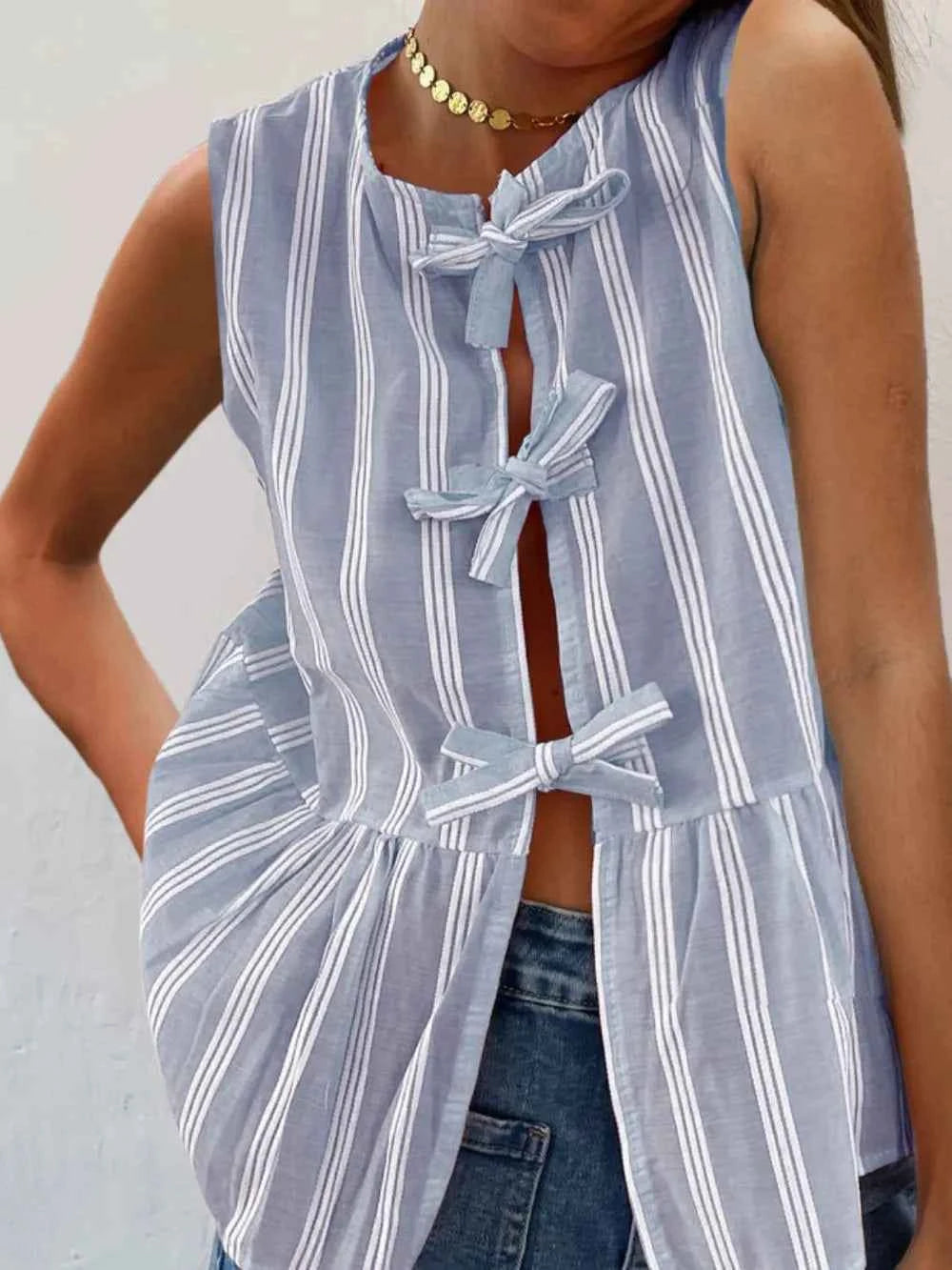 Tied Striped Round Neck Tank — view 3