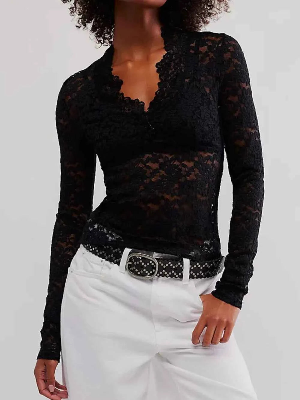 V-Neck Long Sleeve Lace Top — view 2