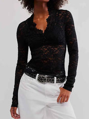V-Neck Long Sleeve Lace Top — view 2