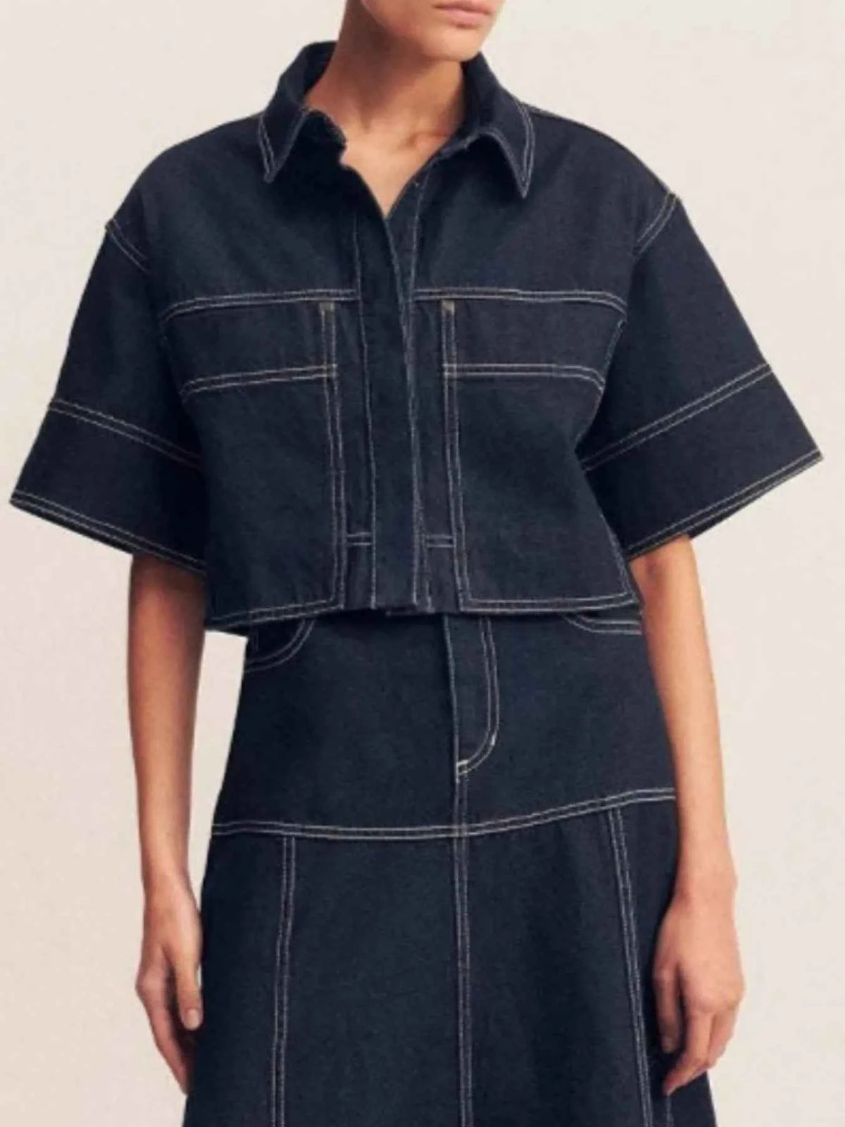 Cropped Short Sleeve Contrast Stitch Denim Top — view 1