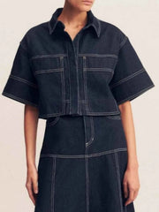 Cropped Short Sleeve Contrast Stitch Denim Top — view 1