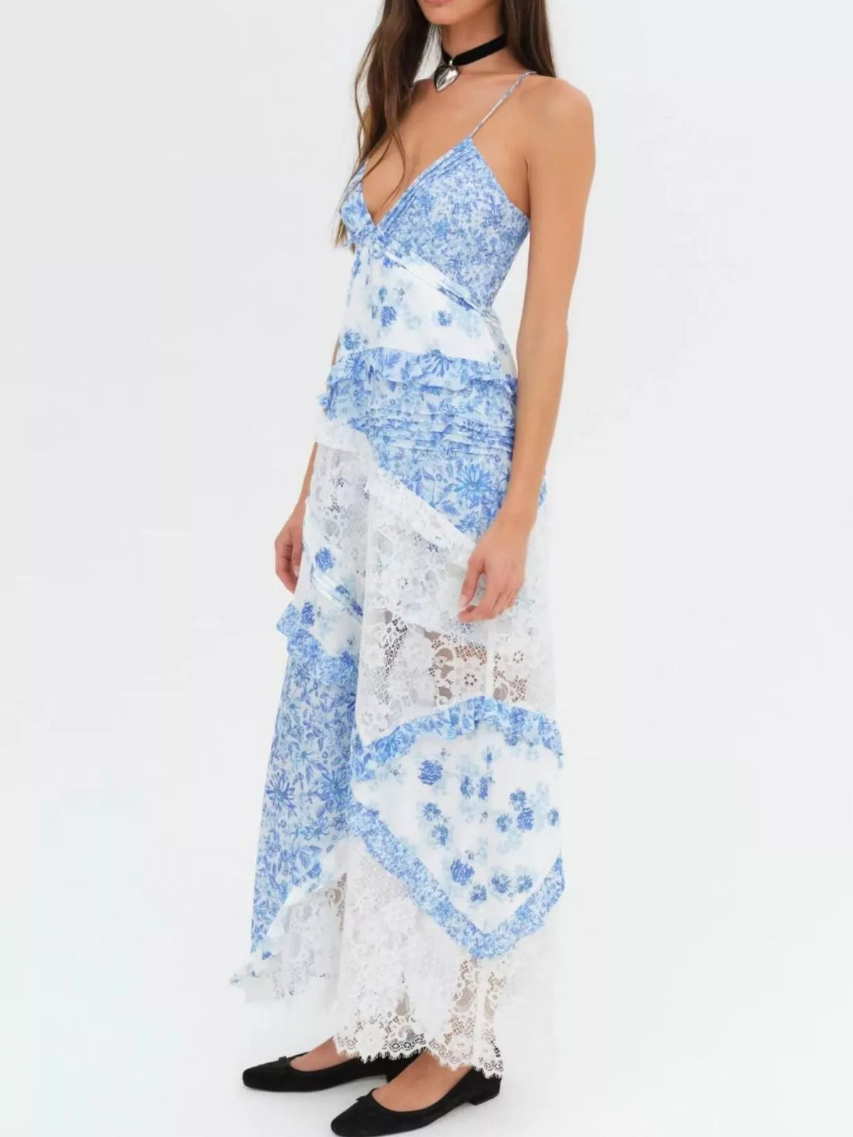 Lace Floral Print Ruffle Trim Maxi Dress — view 6